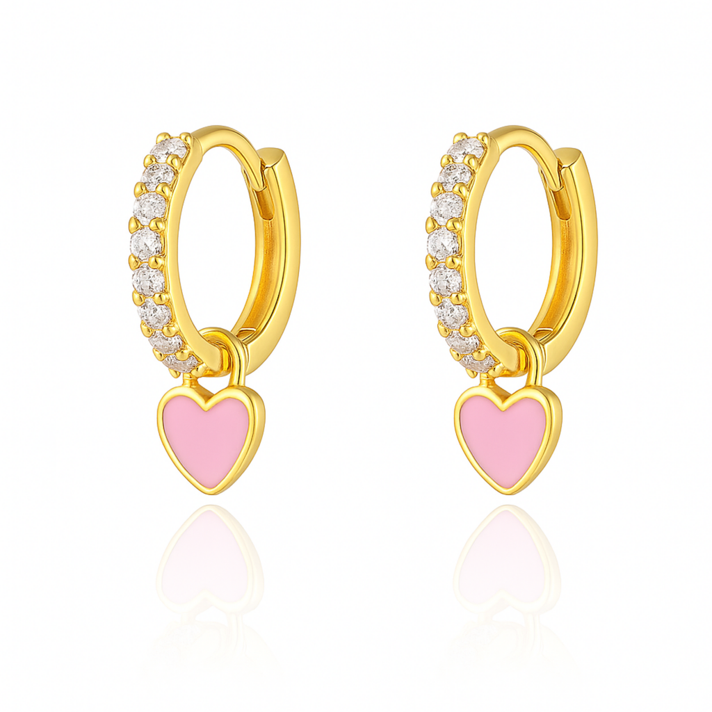 Sweetheart Enamel Heart Charm Drop Crystal Pave Eternity Hoop Huggie Earrings