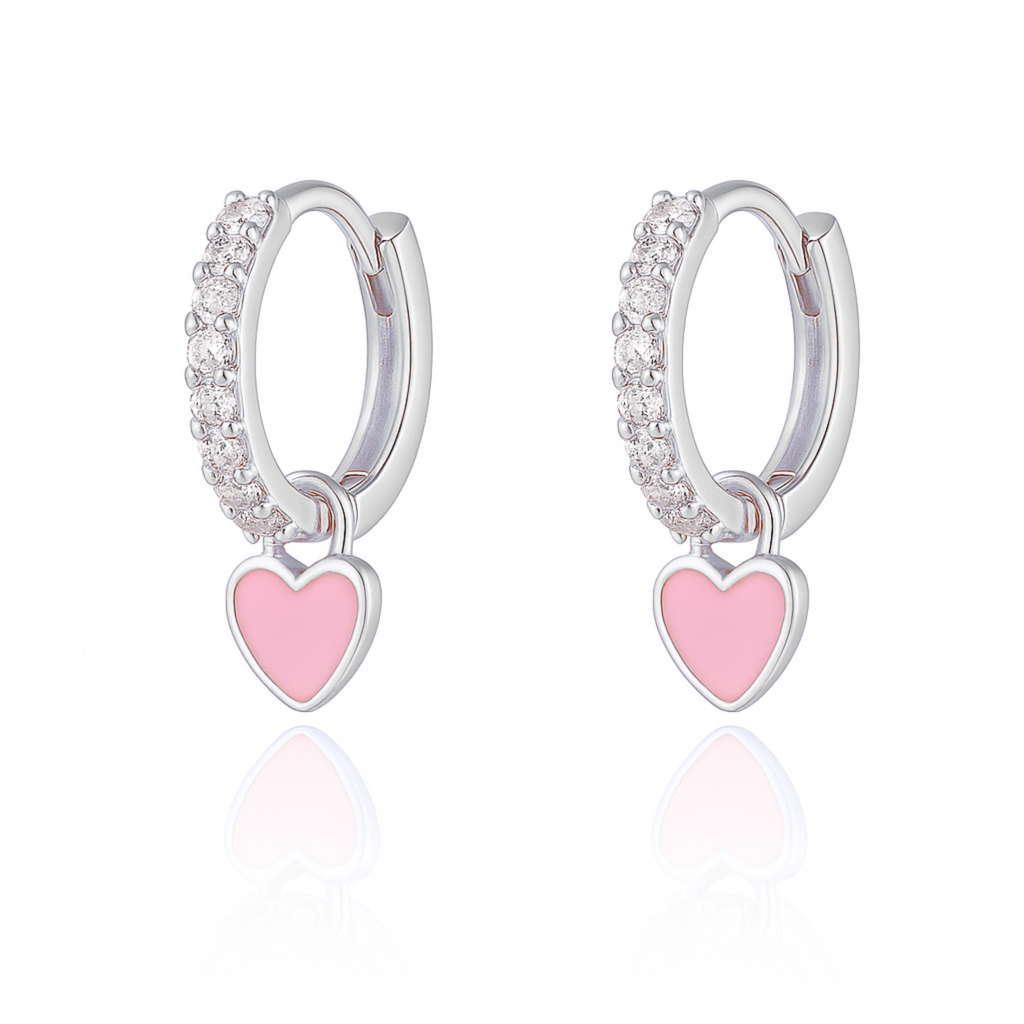 Sweetheart Enamel Heart Charm Drop Crystal Pave Eternity Hoop Huggie Earrings